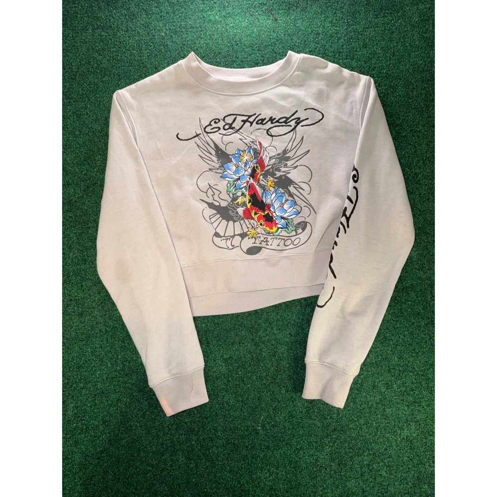 Ed Hardy Koi Fish Tattoo Graphic Cropped Sweatshirt Gray Y2K Women Size M